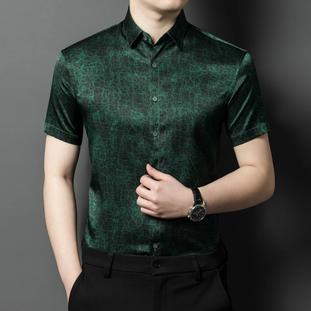 夏季高端品牌男士香云纱衬衣宽松高档翻领上衣真丝桑蚕丝短袖衬衫