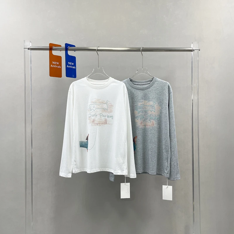 欧货春季新款潮牌小众设计卡通小狗印花长袖T恤女薄款打底衫60522