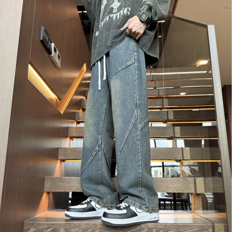 青少年春季宽松牛仔裤子男孩潮流阔腿裤初中高中学生帅气休闲长裤