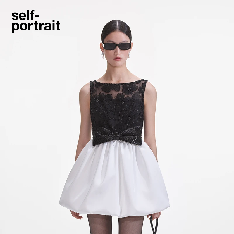 【Jisoo智秀同款】self-portrait 2025春夏黑撞白花苞裙礼服连衣裙