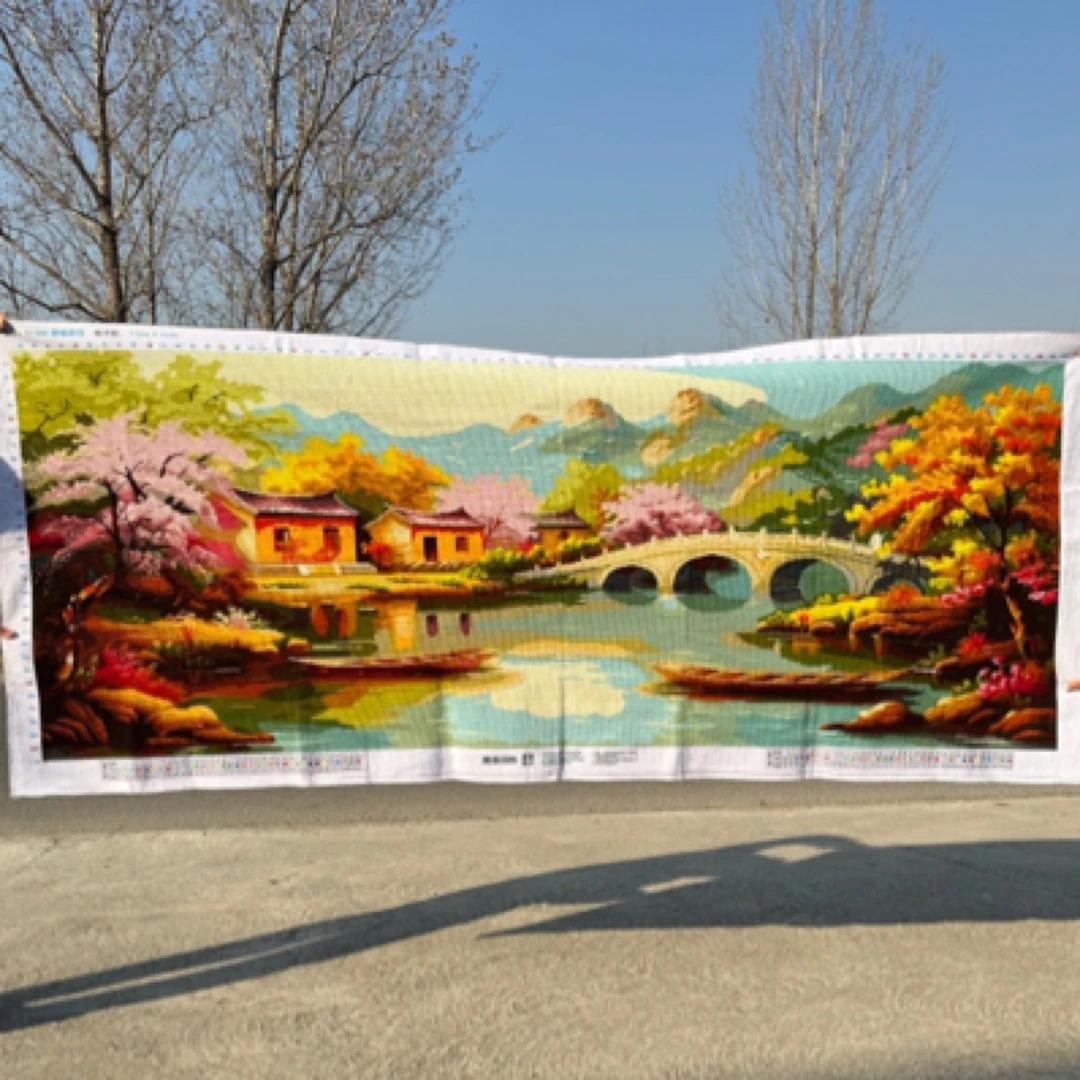 纯手工十字绣成品静谧家园美丽江南油画小镇金秋风景230×98厘米