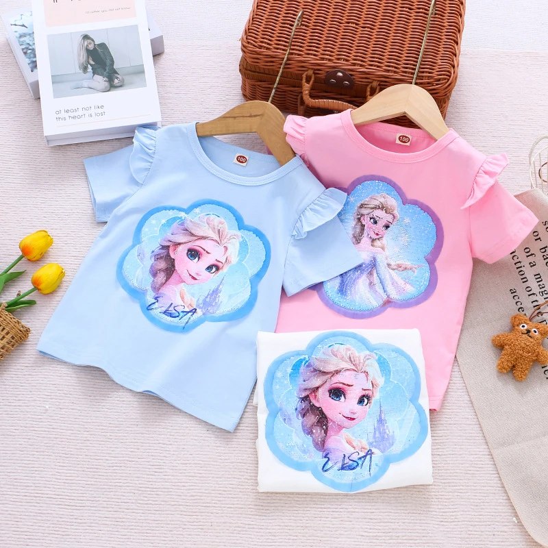 女童夏装t恤儿童变色亮片翻转可变换图案女孩纯棉短袖