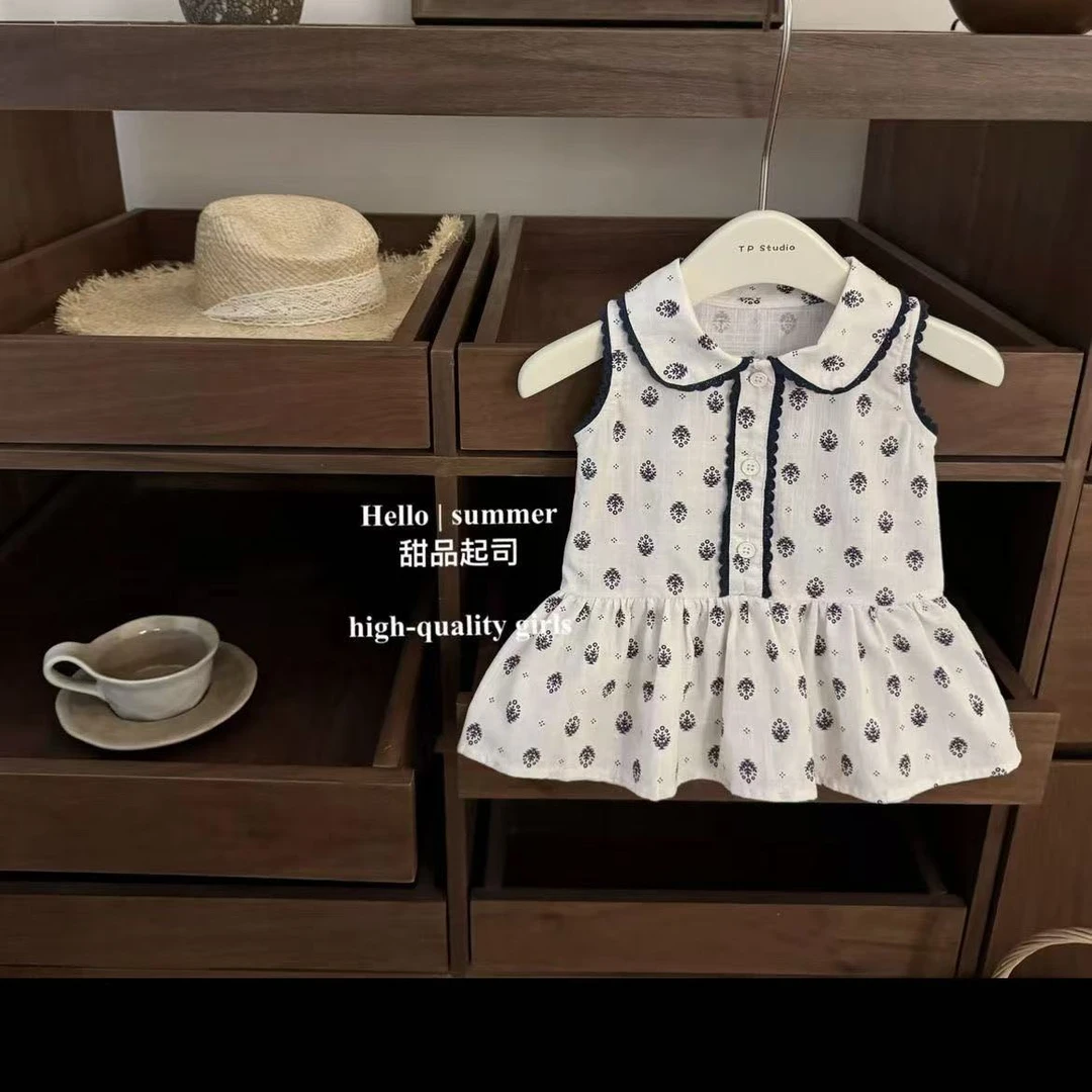 南法小碎花!女宝宝甜美可爱薄款娃娃领背心洋气公主裙