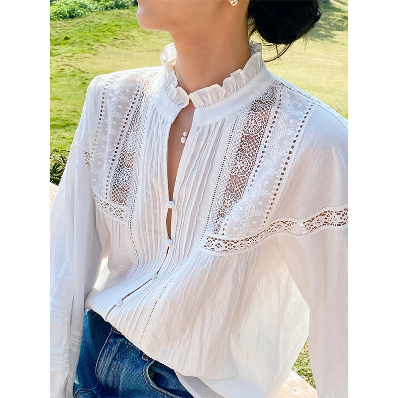 2025春棉麻法式衬衫女长袖小众设计感宽松白衬衣跨境深圳南油女装