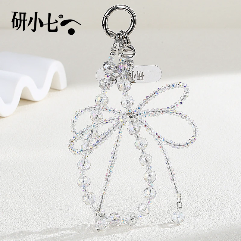研小七手机链水晶时尚串珠手机链饰手工蝴蝶结挂饰防丢防摔绳A034