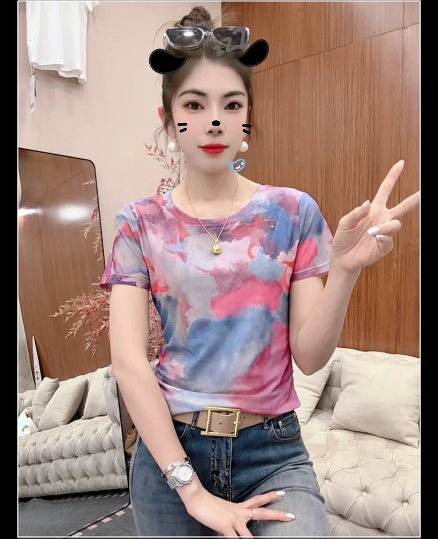 月月家，新款夏季晕染网纱时尚印花上衣520