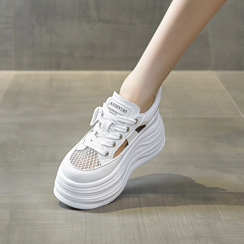 【9公分】厚底增高凉鞋女2025新款透气网面小个子夏季百搭小白鞋