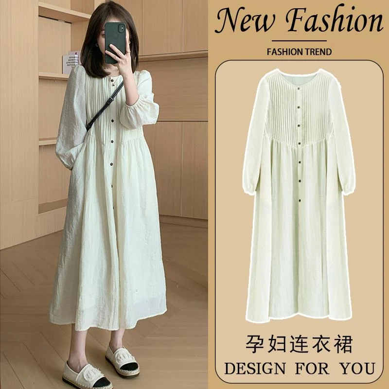 孕妇春装连衣裙2025新款温柔风圆领春季长裙小个子显瘦裙子春秋款