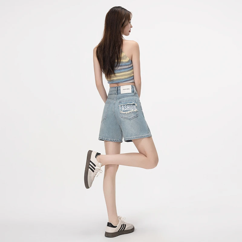 2025夏季新款高腰窄版牛仔短裤女潮流百搭四分裤破洞刺绣8336