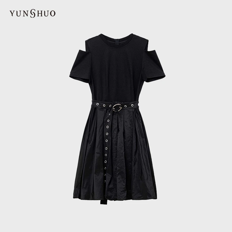 允硕新品时尚百搭气质黑色收腰A字版型女装高腰露肩连衣裙 566370