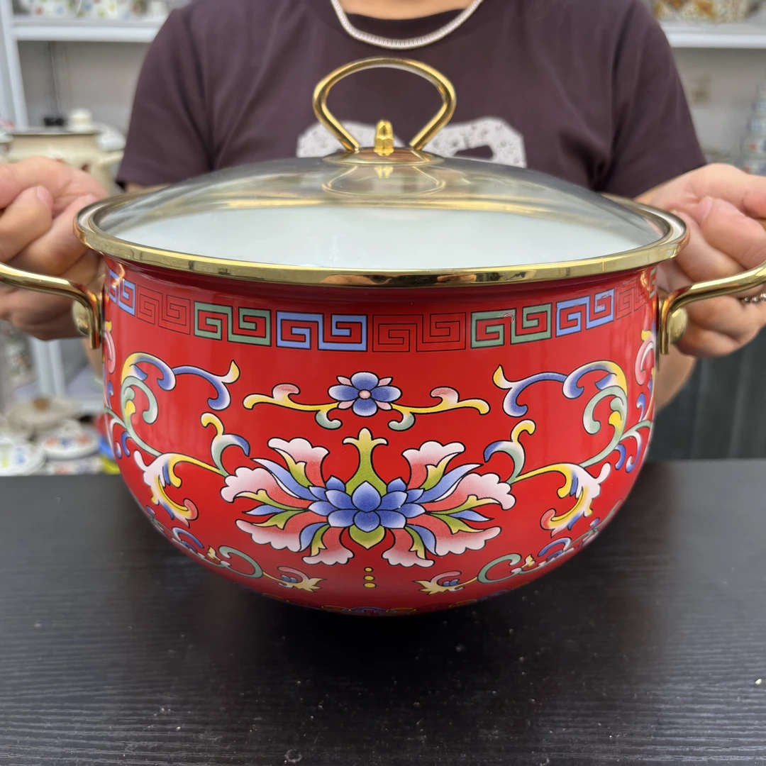 20-24珐琅搪瓷特厚新款红勾莲汤锅炖锅奶锅灶具通用双耳家用锅