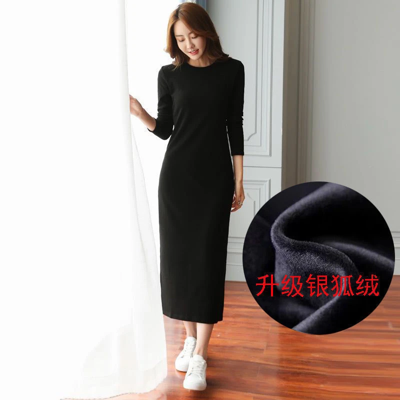 新款时尚洋气百搭女装秋冬加绒加厚连衣裙女休闲显瘦长袖保暖过膝