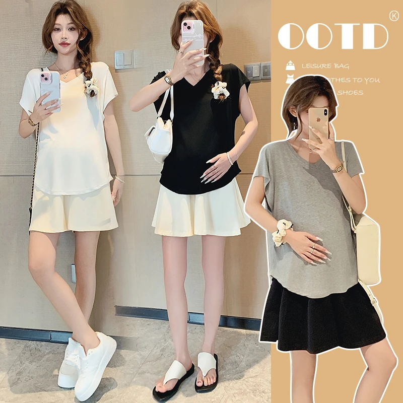 孕妇装夏季新款2025纯色上衣T恤V领宽松显瘦外穿时尚气质高级感