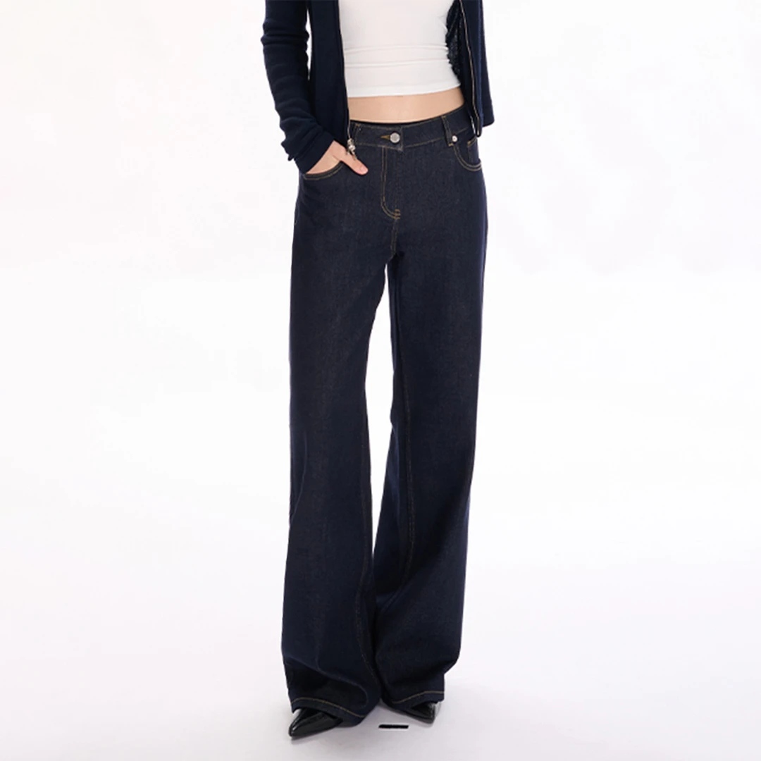 深蓝色复古高腰阔腿牛仔裤女秋季大码梨型身材遮胯显瘦宽松直筒裤