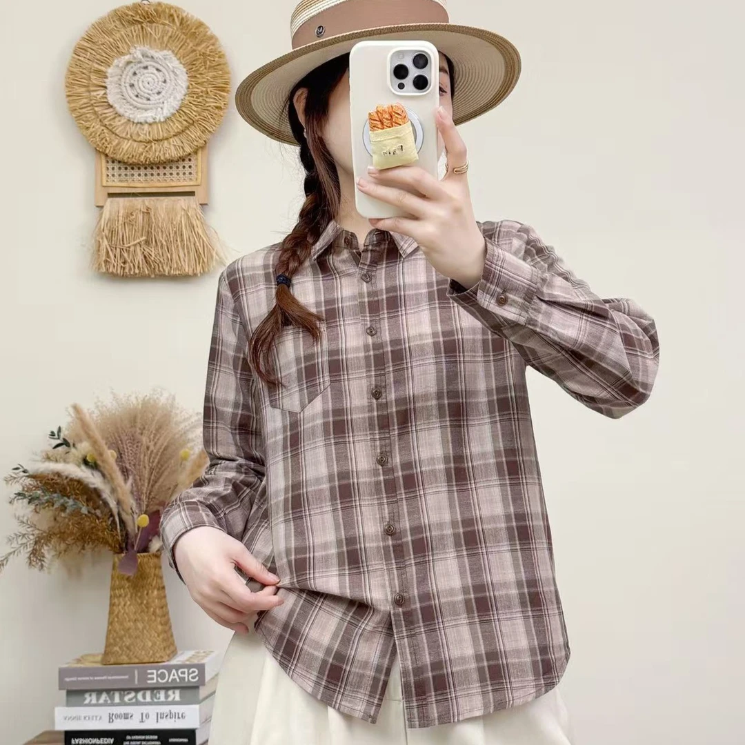 新款原创色织棉纱格子衬衫女遮肉显领长袖空调衫舒适透气时尚百搭