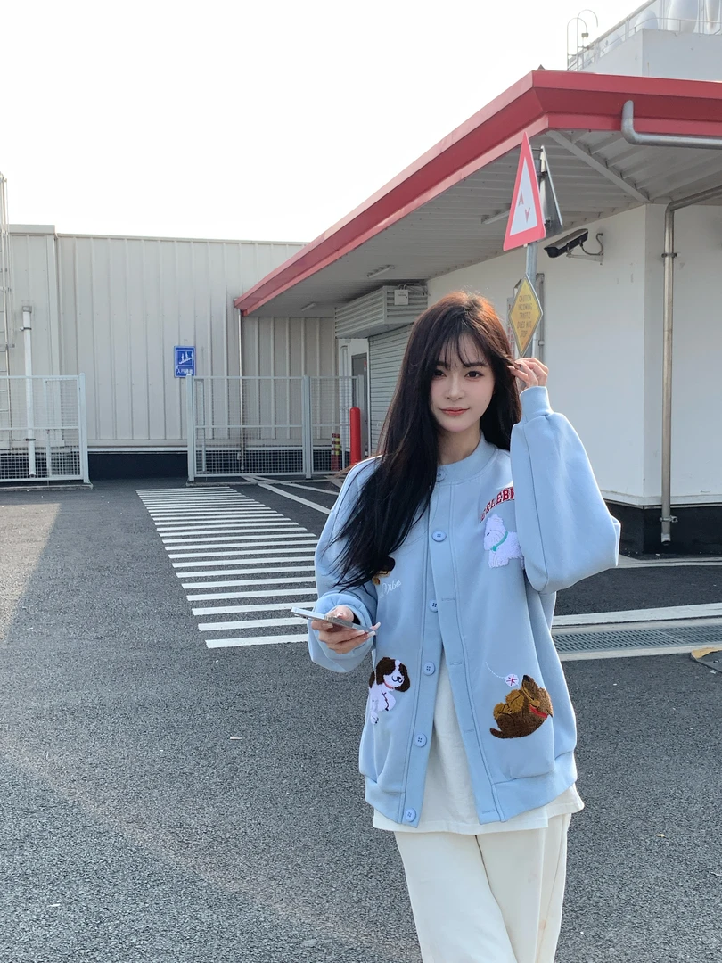 春季新款可爱卡通小狗字母毛巾绣开衫慵懒风外套