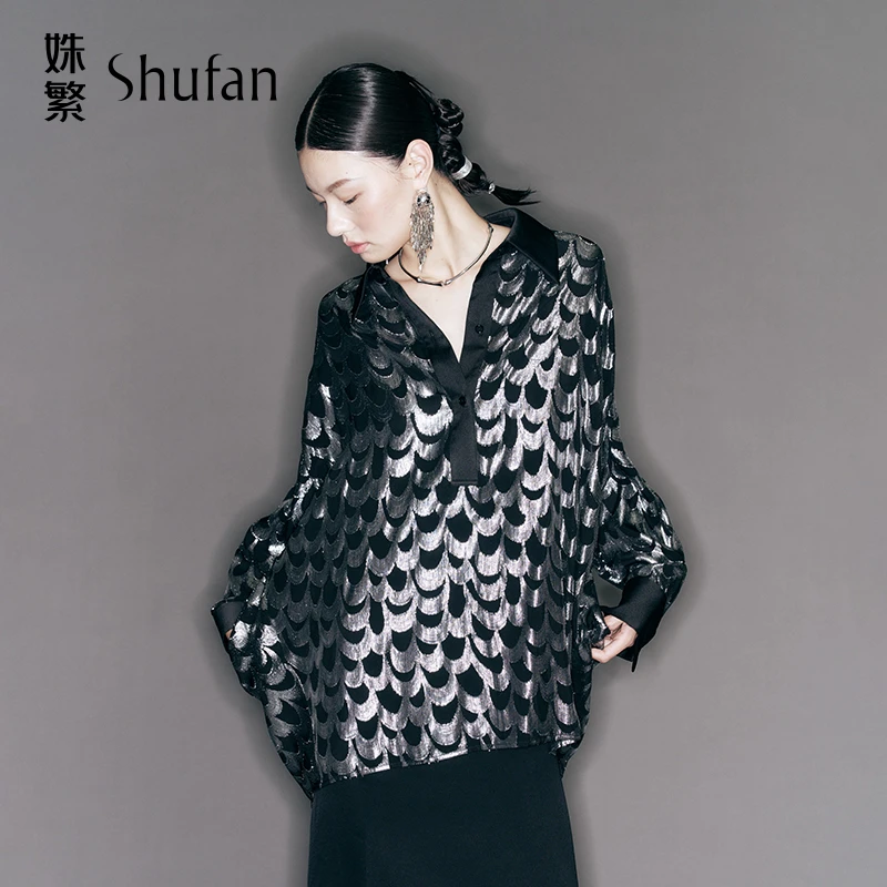 姝繁 银黑色气质奢华感银丝提花鱼鳞纹宽松慵懒感衬衫 SDWFR1N688