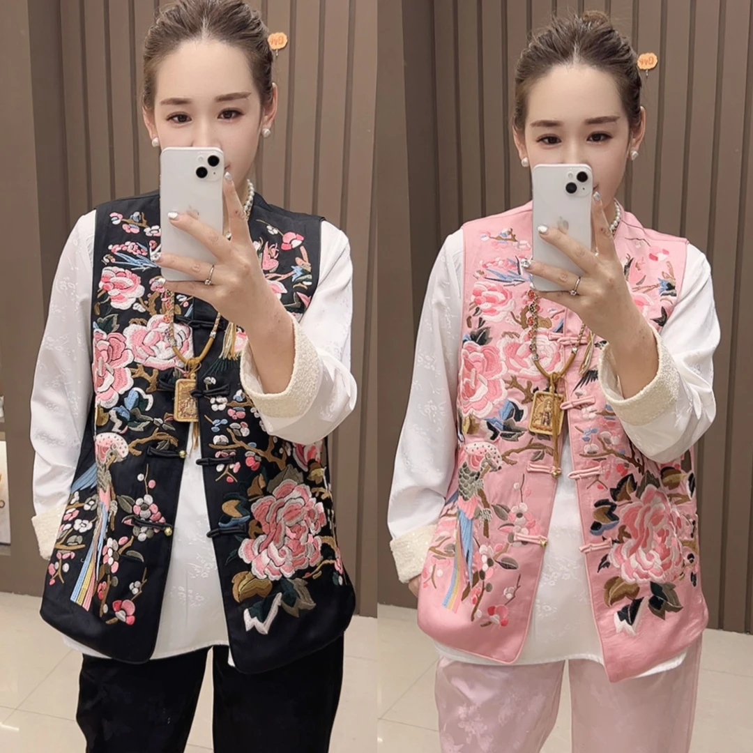 鸟语花香新中式时尚网红春秋百搭复古中国风重工刺绣马夹3229