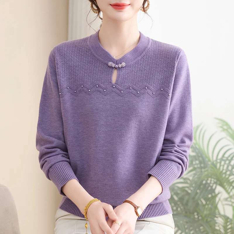 妈妈秋装红色针织衫喜庆国风上衣中老年妇女春秋洋气质针织打底衫