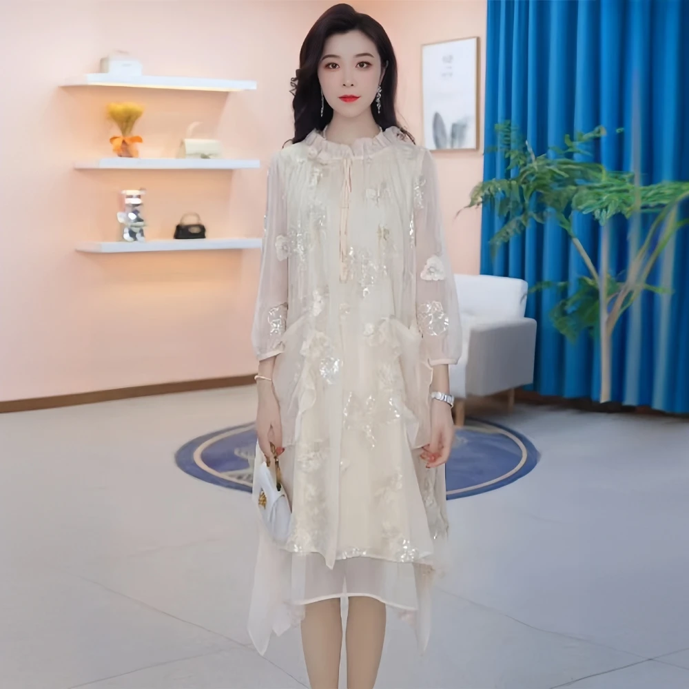 法式高级感重工亮片刺绣花朵连衣裙女2025春夏季新款宽松显瘦裙子