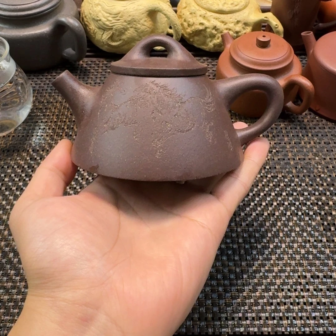 钧***高沙老紫泥霸王瓢200CC刻绘双马