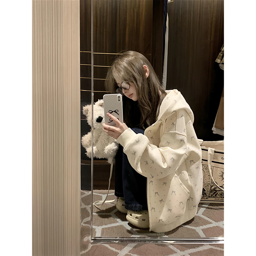 奶fufu学生连帽碎花卫衣外套女2025秋开衫拉链宽松休闲学院风薄款