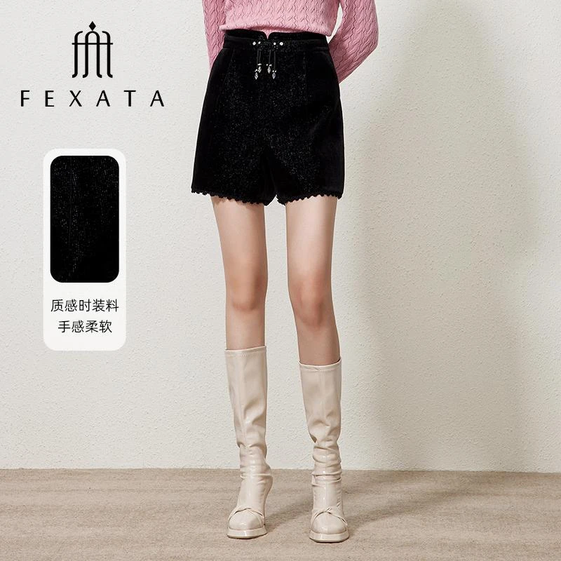 FEXATA斐格思2025冬新品气质休闲裤国风盘扣显高简洁黑色小A短裤