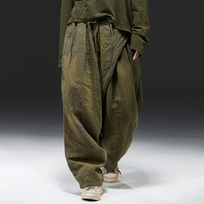 麻依者25春夏款小众斜襟宽松植物晕染文艺休闲裤#M-085