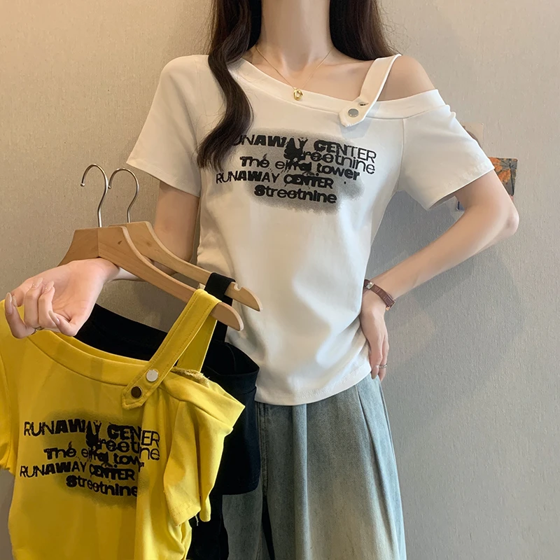 大码斜肩领字母印花短袖T恤女夏季新款褶皱别致收腰胖MM显瘦上衣