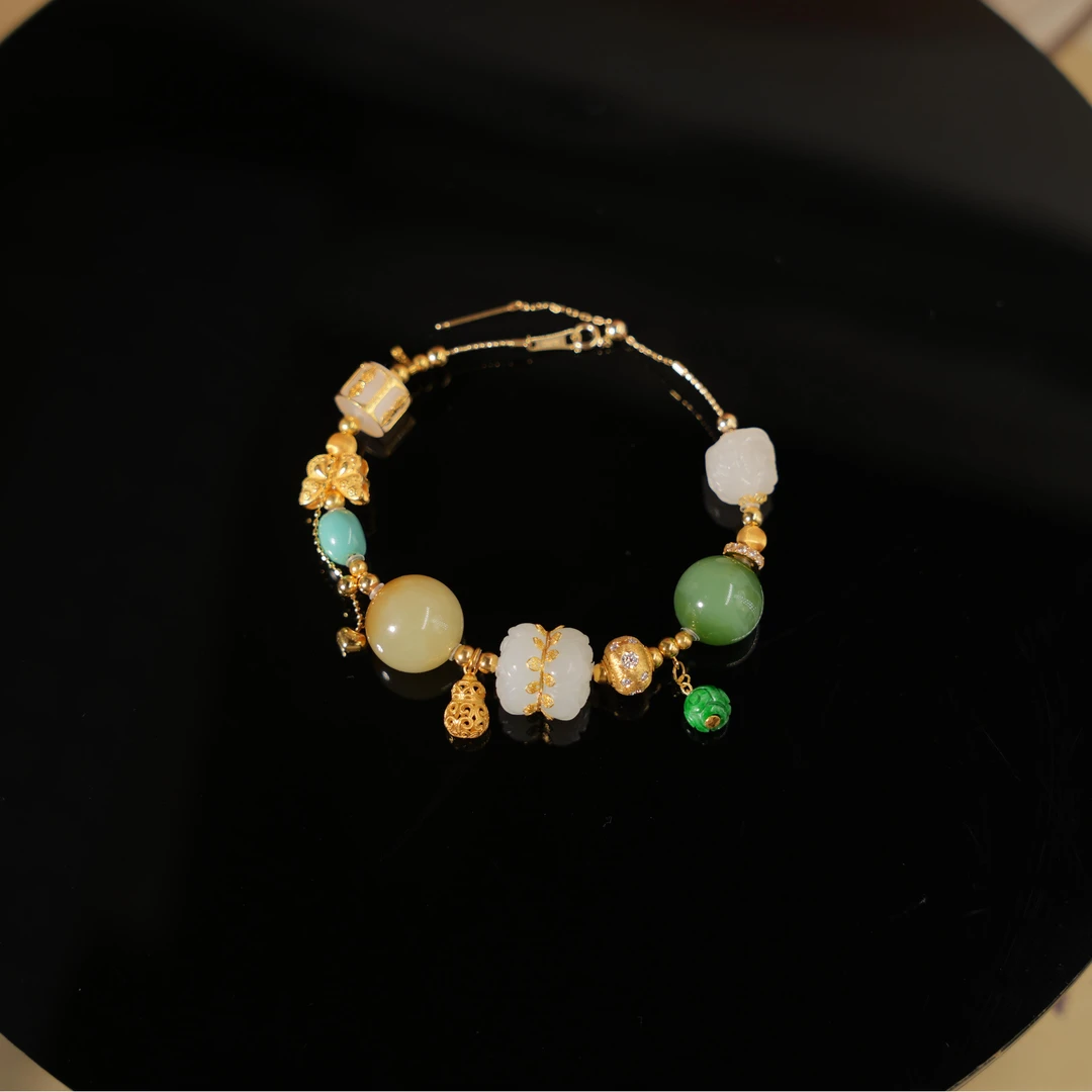 画词-天然和田玉18K金手串