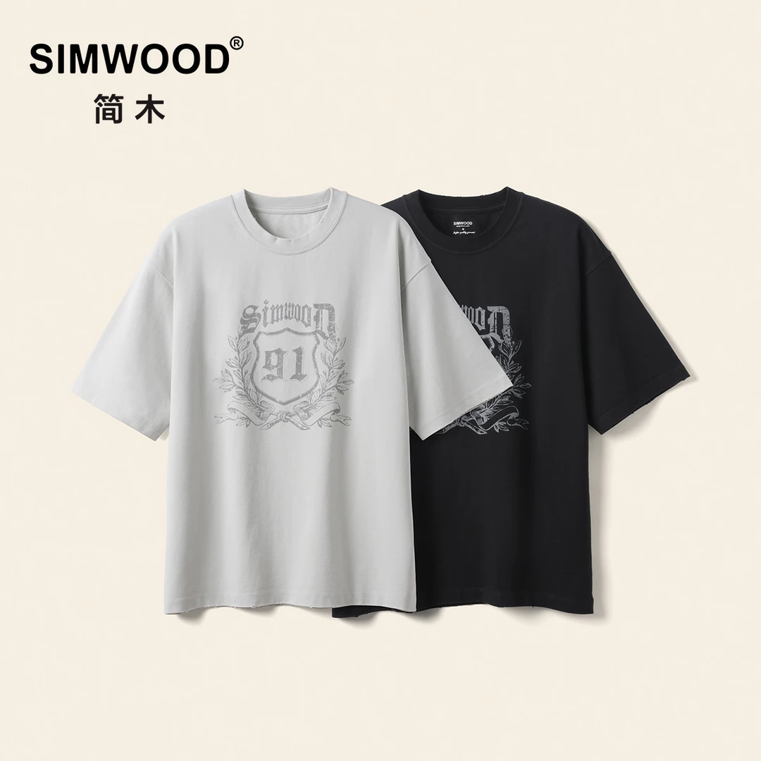 SIMWOOD/简木【超宽松】300g重磅酵洗磨边复古印花短袖T恤SO210319