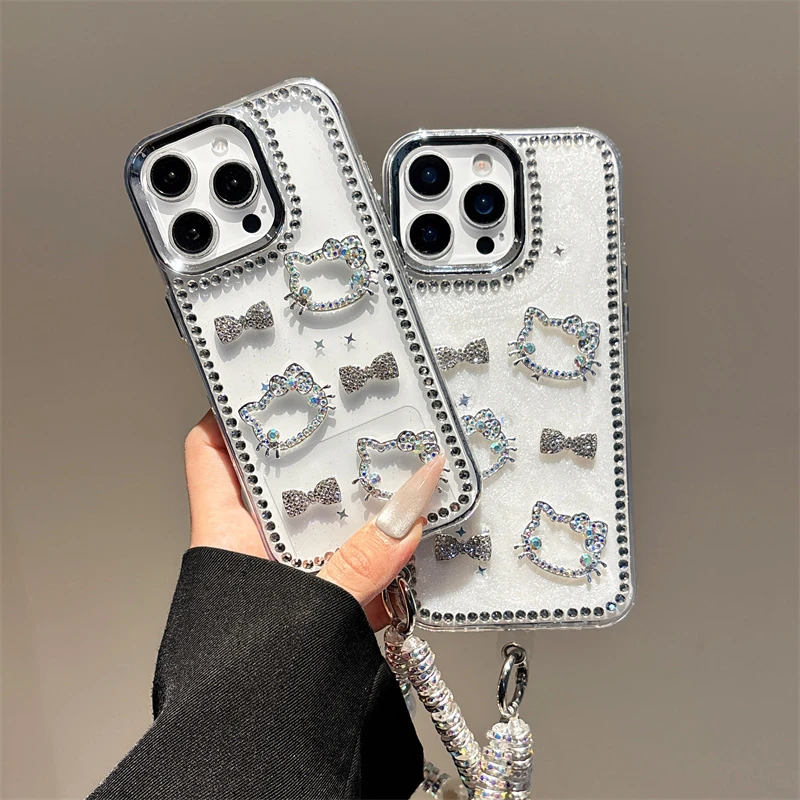 HelloKitty镂空点钻苹果16promax挂绳女款15可爱14plus手机壳13