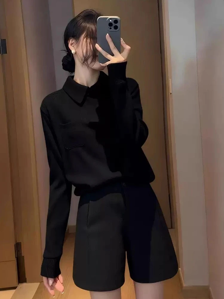 2025秋冬新款简约设计感通勤衬衫时尚百搭针织衫舒适柔软长袖上衣