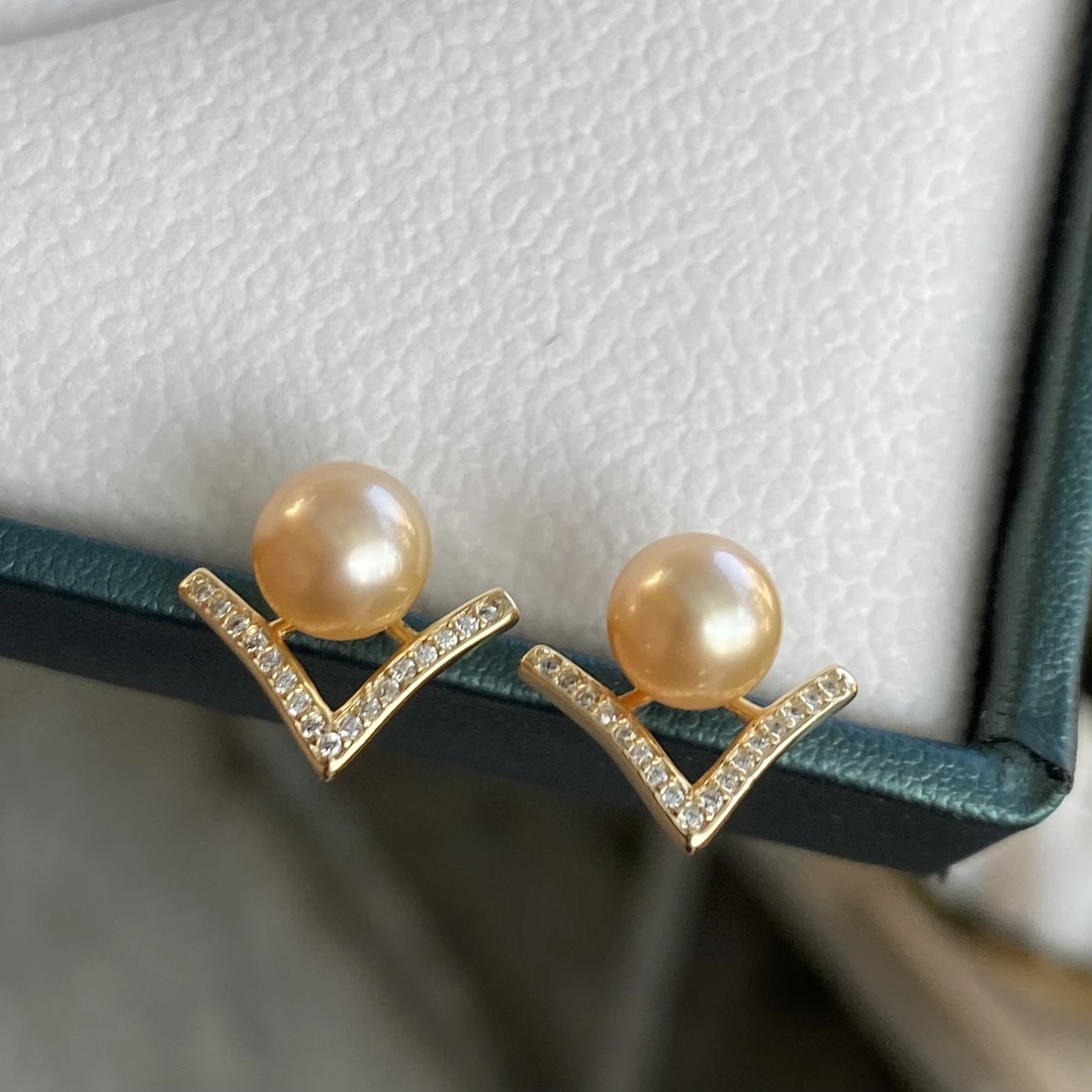 礼物刘涛同款V款耳环天然南洋金珠耳钉海水正宗珍珠耳钉耳饰S925