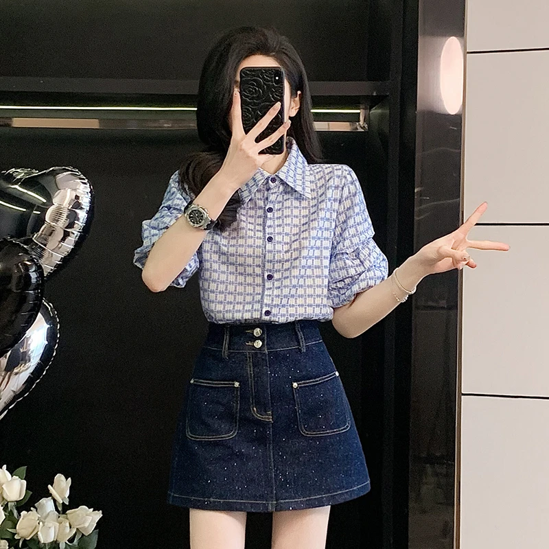 韩系学院风短袖格子衬衫时尚套装女夏季小个子显瘦牛仔裙裤两件套