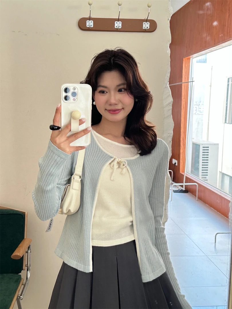 韩系设计感温柔系带假两件开衫针织衫(含6%羊毛)