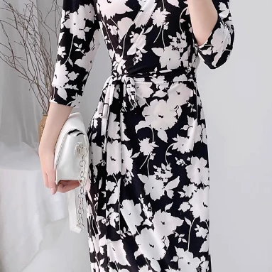 PG DVF连衣裙法式修身裹身裙E25018 墨影白花中长款无领