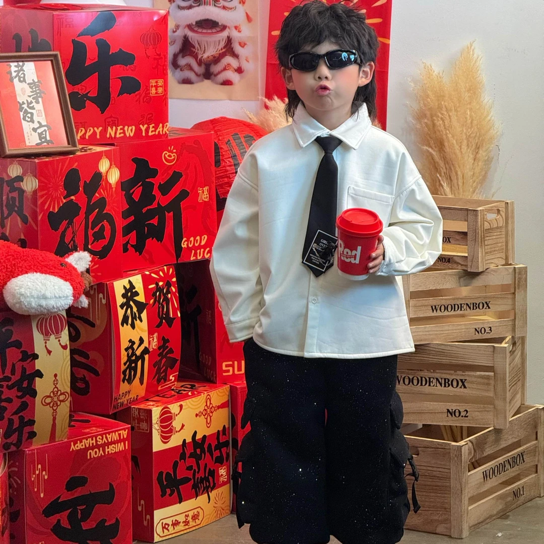 男童韩版百搭加绒衬衫学院风冬季男孩白色时尚小中大童纯棉长袖潮