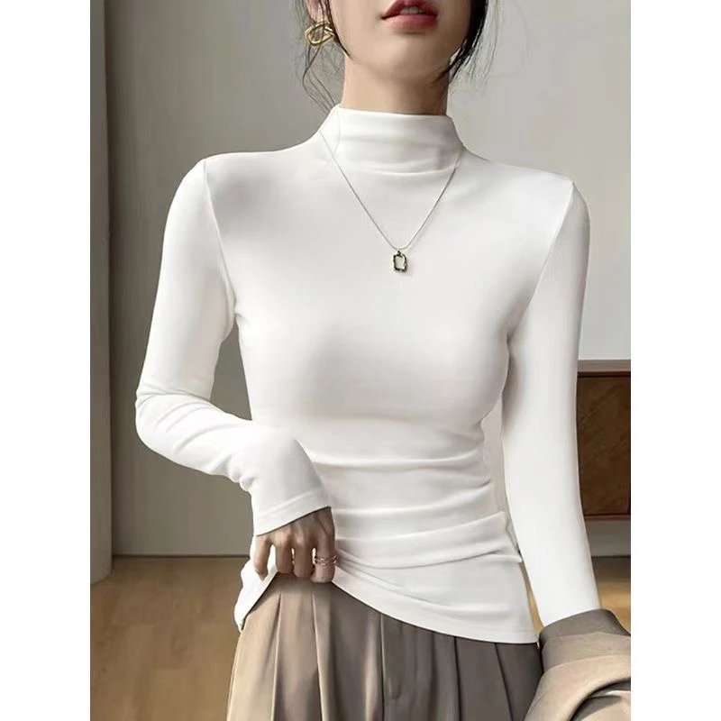 韩系半高领德绒长袖t恤女秋冬设计感ins修身显瘦休闲慵懒打底上衣