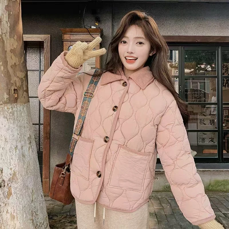 棉衣女短款条绒撞色翻领菱格小个子冬季气质外套棉服百搭新款8806