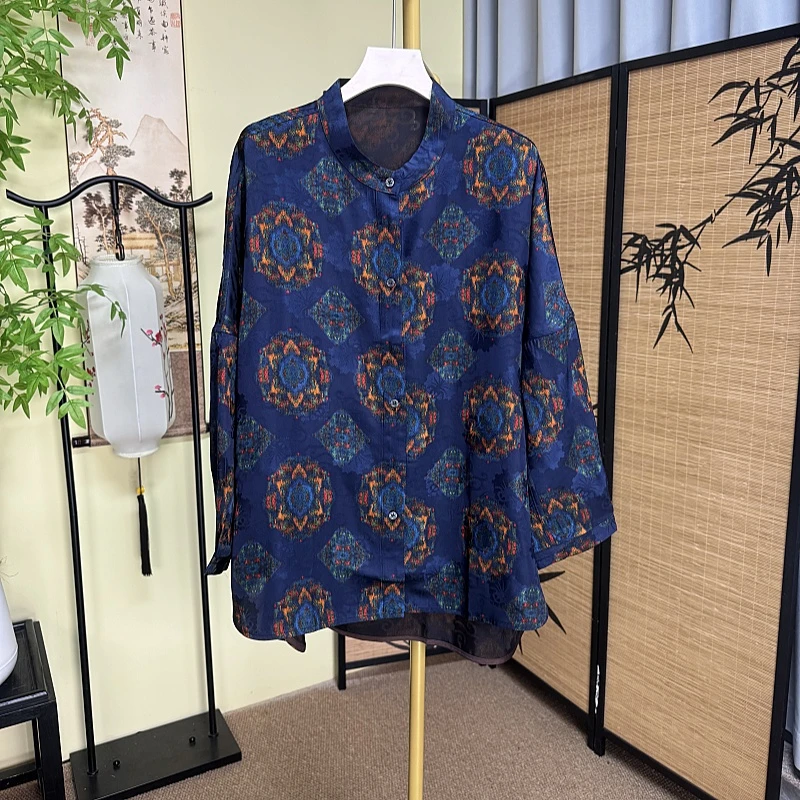 【蓝宝象】新中式香云纱上衣蓝色外套双面花色提花气质时尚复古长袖