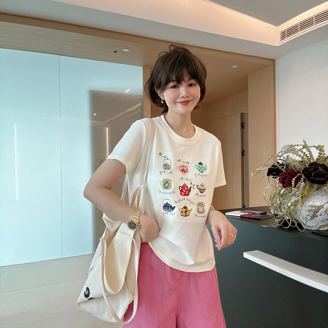 夏季新款时尚圆领卡通水壶刺绣百搭洋气短袖T恤