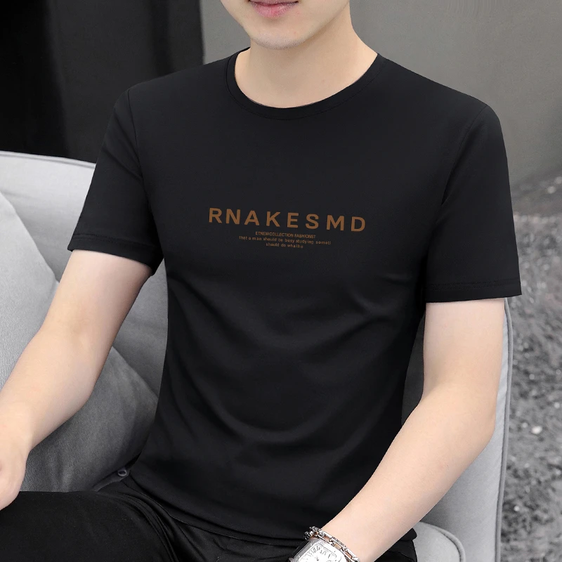 夏季新款男士短袖T恤潮流百搭圆领半袖休闲帅气印花中年修身上衣