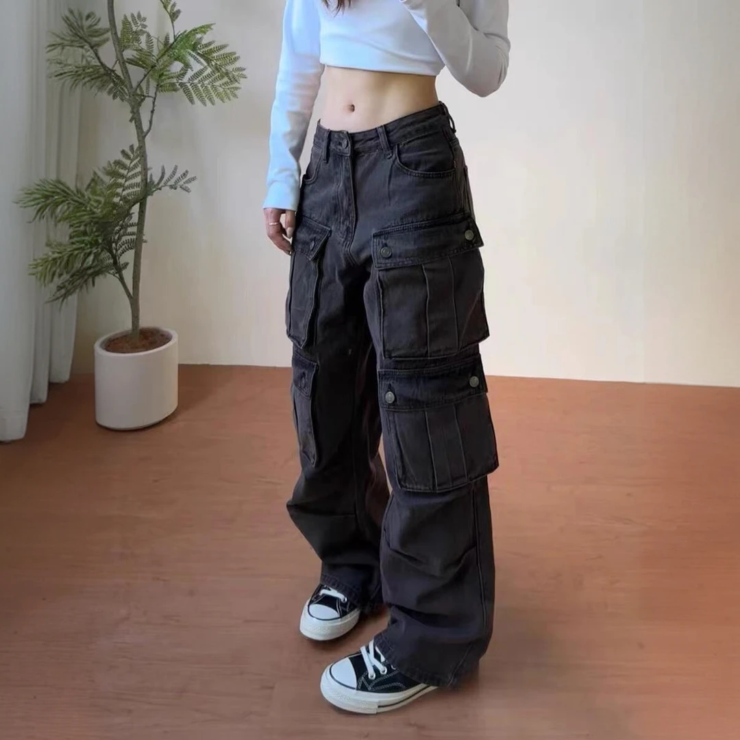 大码美式水洗做旧多口袋工装裤女cleanfit高街显瘦百搭直筒长裤潮