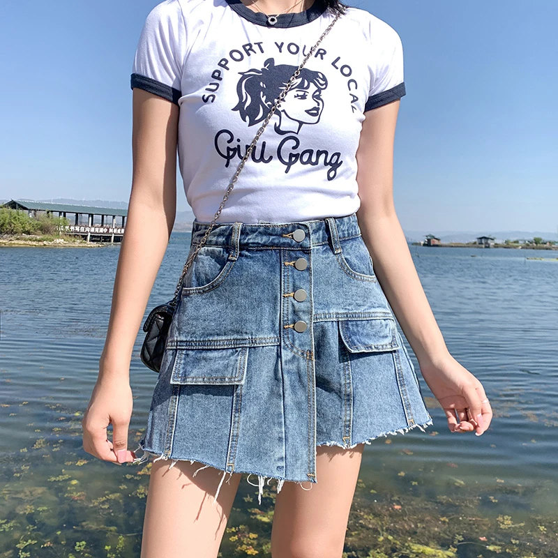 牛仔裤女包臀不规则夏季宽松高腰裙裤哈伦裤薄款百褶A字2021