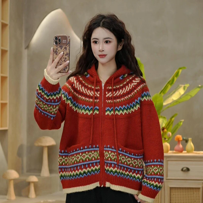 5149 冬季新款喜庆复古洋气百搭保暖厚款开衫毛衣时尚连帽外套