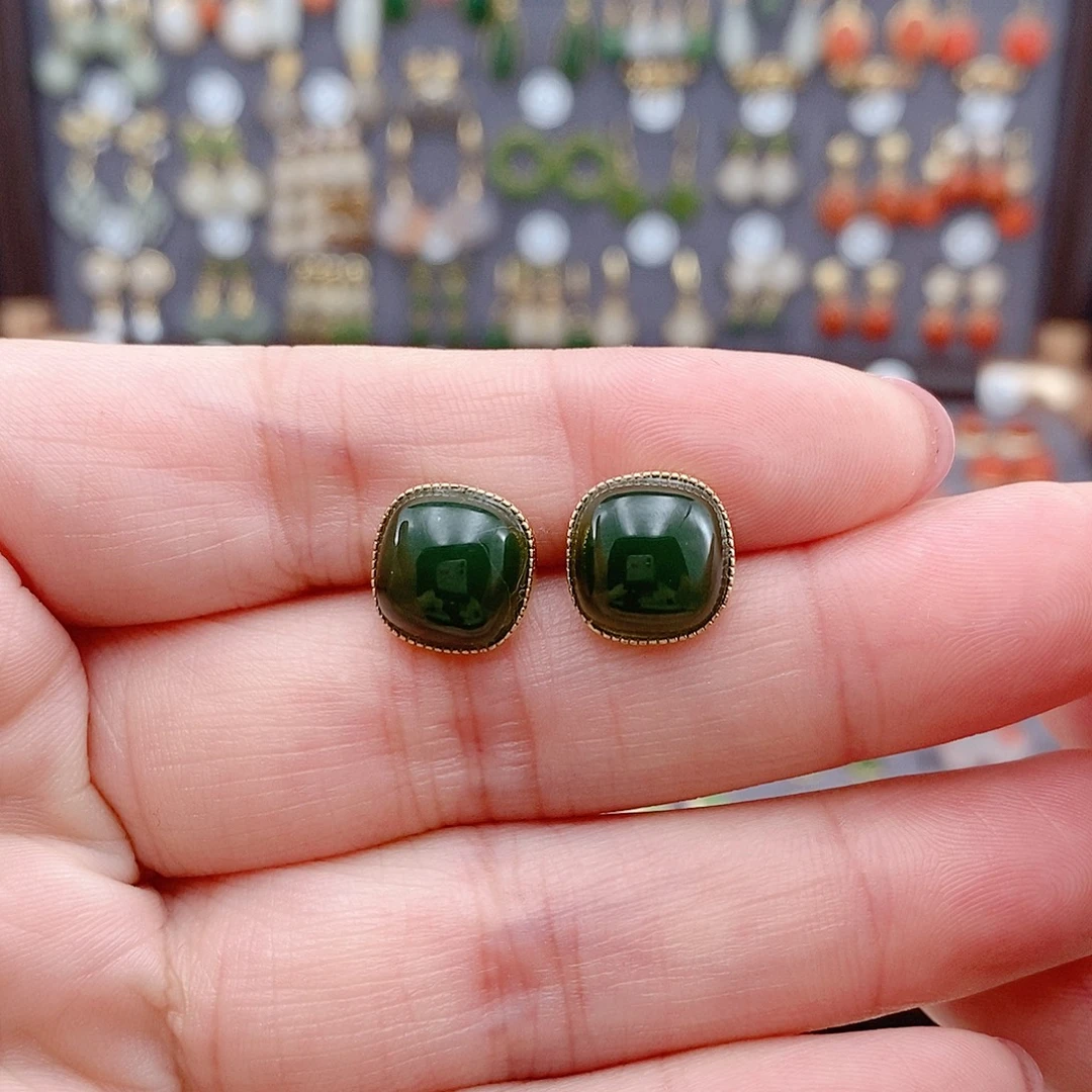 和田玉银S925镶嵌耳饰