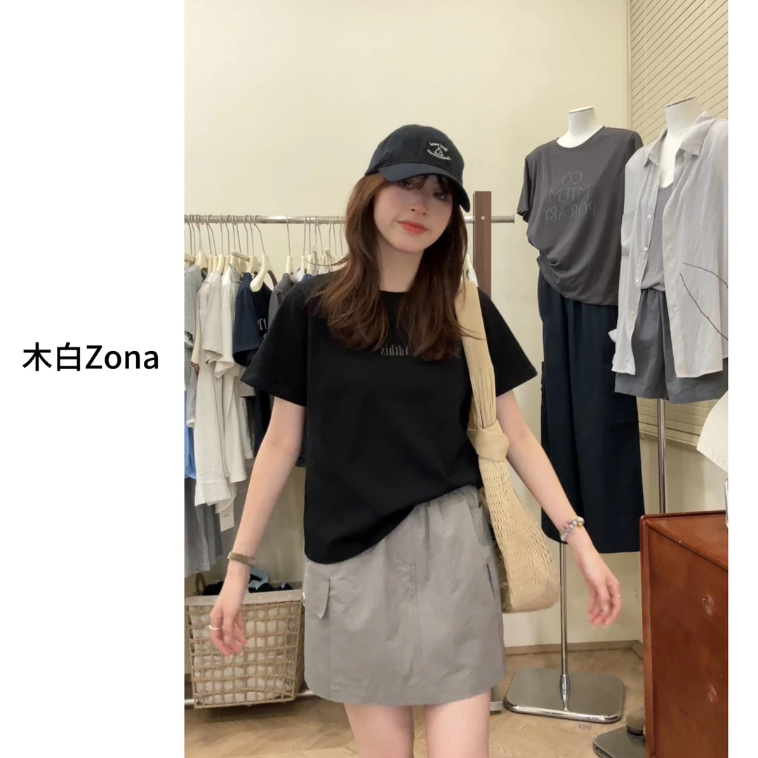 【木白】“酷感黑”打底设计感ins时尚百搭休闲简约短袖上衣黑色宽松