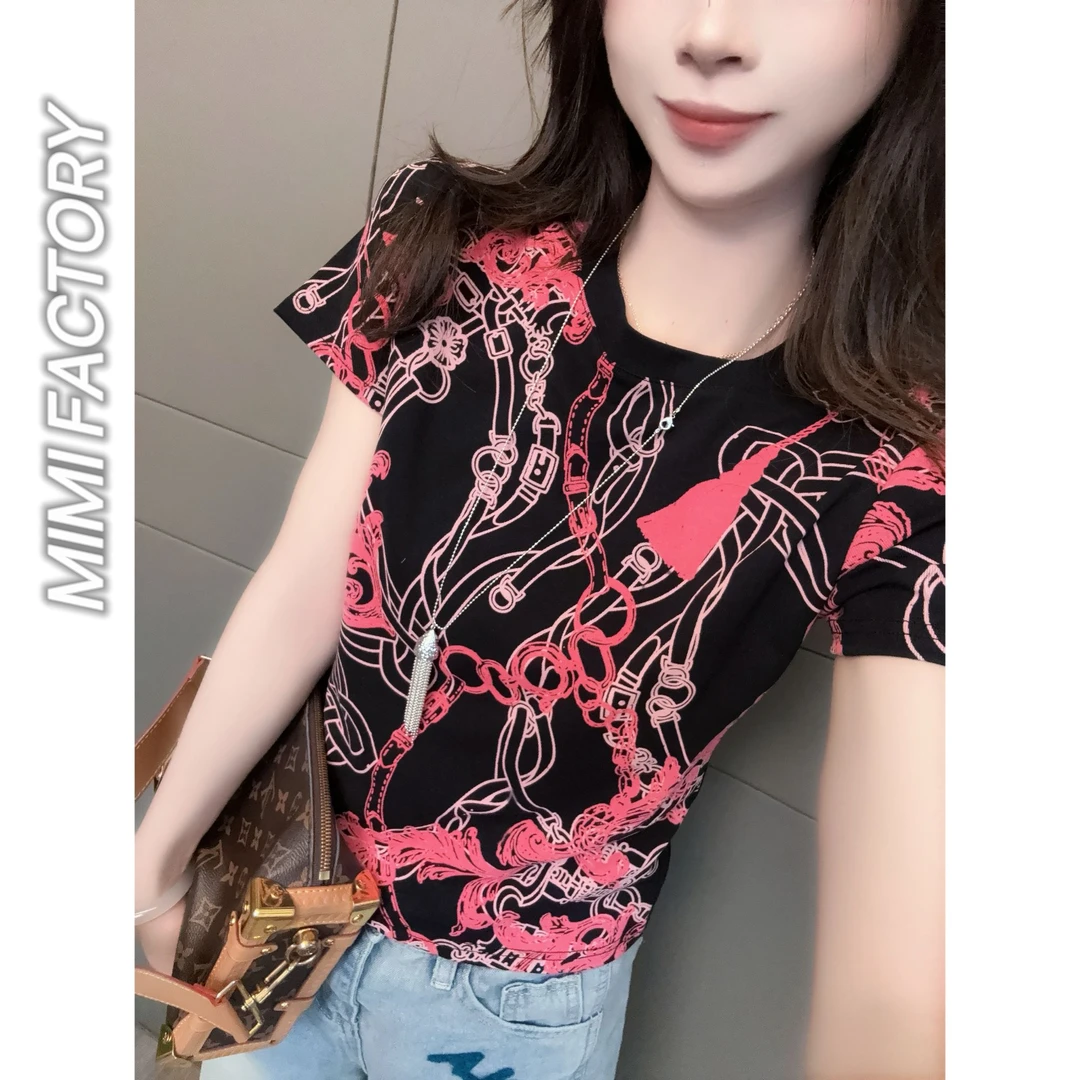 2025夏季新款 欧货满印圆领短袖T恤女时尚百搭上衣5527#