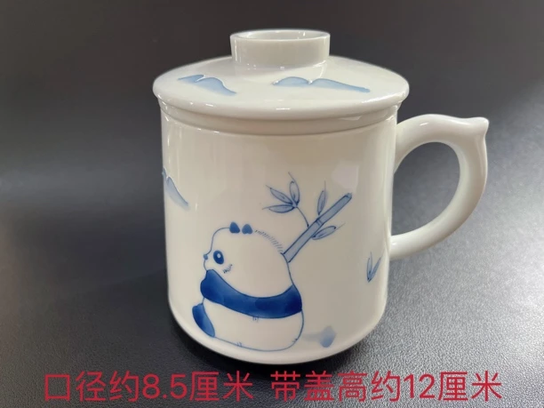 手绘马克杯手柄款办公杯茶具中国风青花泡茶杯带盖印花青花瓷